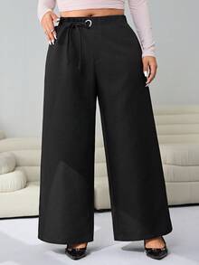 Solflare Plus High Waist Knot Side Wide Leg Pants - Black - View 8