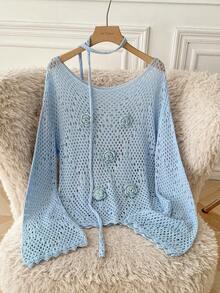 Modelyn Hollow-Out Casual Long Sleeve 3D Floral Decor Women Sweater, Suitable For Everyday Wear - Blue - View 3