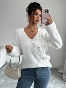 SHEIN Elenzya V-Neck Long Sleeve 3D Pearl Flower Women Sweater - Beige - View 5