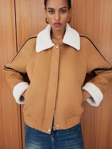 Lumivelle Abrigo de mujer con cuello de piel sintética y dobladillo de color contrastante