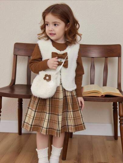 3 件女童秋冬时尚可爱无袖人造毛皮背心，带蝴蝶结装饰和同款斜挎包，搭配棕色长袖上衣和格子褶皱松紧腰裙套装