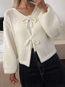 DAZY Women's Bowknot V-Neck Loose Casual Soft Cardigan, New Style For Autumn/Winter - Beige - View 3