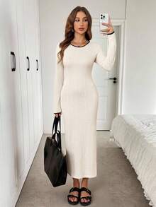 SHEIN LUNE Vestido midi de manga larga con cuello redondo, abertura alta en la cintura, ajustado, de tela texturizada de bloques de color, estilo casual, relajado y elegante para la oficina y el día a día, otoño/invierno - Albaricoque - Ver 7
