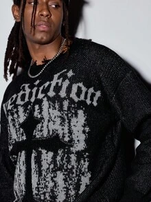 Modcrash 男士街头哥特提花图案做旧设计休闲宽松针织套头毛衣，圆领，落肩，长袖，秋冬款 - 黑色 - 查看 4