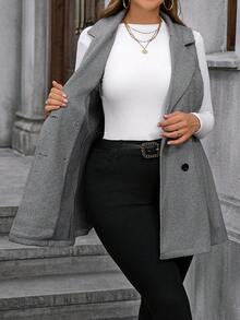 SHEIN CURVE+ Plus Size Women's Elegant Herringbone Thick Woolen Blazer, Notched Collar, Double-Breasted, Contrast Button Design, A-Line Waist, Fashionable, Suitable For Outings, Parties, Dates, Christmas, Sleeveless Woolen Vest - Grey - View 4