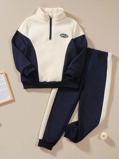 SHEIN Explorewe 2 pièces Ensemble de sweat-shirt et pantalon en polaire pour jeune garçon avec blocs de couleurs, confortable et élégant