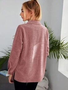 SHEIN LUNE Pocket Front Cord Shirt,Long Sleeve Tops,Casual - Dusty Pink - View 2