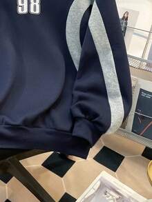 SHEIN Teen Girl Colorblock Letter Print Pattern Loose Casual Sweatshirt Fall Winter - Navy Blue - View 4