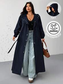 SHEIN EZwear 海军蓝加大码连帽防水长款风衣，秋冬 - 藏蓝色 - 查看 1