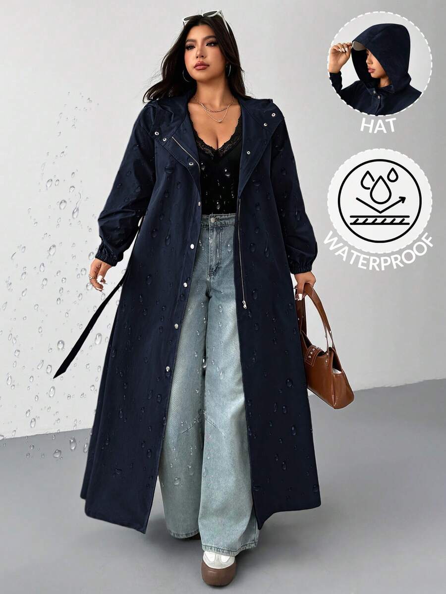 SHEIN EZwear 海军蓝加大码连帽防水长款风衣，秋冬 - 藏蓝色 - 查看 1
