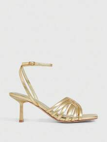 CUCCOO SZL Sandalias de tacón alto con diseño de hebilla y punta cuadrada minimalista para mujer, color dorado - Dorado - Ver 3