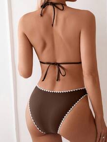SHEIN Swim 女士花朵饰边露背系带性感比基尼套装 夏季 - 棕色 - 查看 2