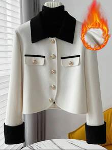 Lyxana Women's Autumn/Winter New Fashion Loose Casual Color Block Short Jacket - Black and White - View 1