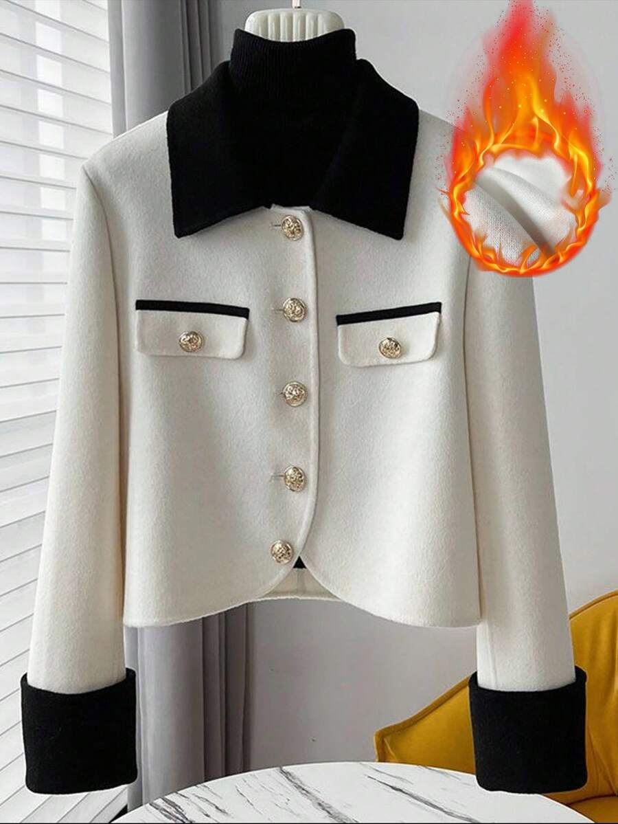 Lyxana Women's Autumn/Winter New Fashion Loose Casual Color Block Short Jacket - Black and White - View 1