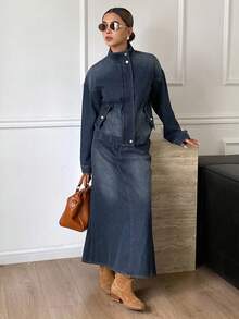 DAZY 西部牛仔风格做旧洗水高领长袖拉链宽松夹克和不对称下摆短裙休闲街头装，秋冬 - 藍色 - 查看 5