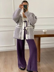DAZY 2pcs/Set Women Knitted Loose Long Sleeve Pants Pajama Set, Autumn/Winter, Fall Clothes - Grey - View 7