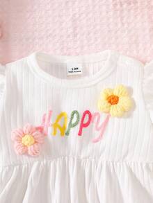 SHEIN 新生女宝宝秋季新款柔软亲肤梭织面料白色圆领长袖甜美可爱公主风字母印花连衣裙 - 白色 - 查看 7