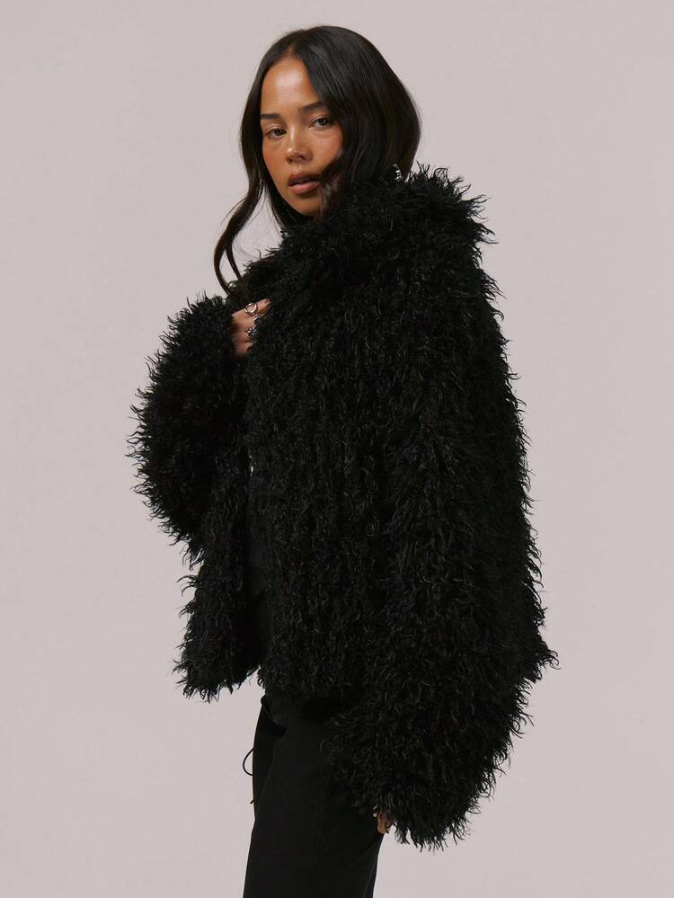 MUSERA 오버사이즈 루즈핏 폴드오버 칼라 퍼 코트 고급스러운 섹시 귀여운 밤 외출 휴가 겨울 아우터웨어 9월 발렌타인 데이 - 블랙 - 보기 3