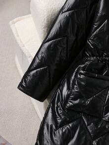 Teen Girl Black Winter Casual Fashionable Hooded Padded Coat,Shiny Pleated Woven Fabric,Unique Cinched Waist Design,Loose & Comfortable,Daily Commute - Black - View 6