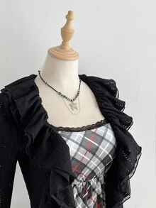 SHEIN Unity 女士时尚天鹅绒拼接蕾丝吊带裙，适合休闲、派对、日常穿着、秋冬季，搭配女士长袖层叠荷叶边拼接衬衫 - 彩色 - 查看 5