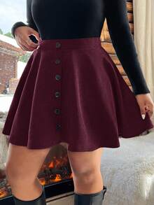 SHEIN EZwear Plus Size Solid Color Wine Red Button Decor A-Line Skirt, Autumn Fall - Burgundy - View 5