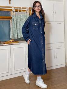 SHEIN EZwear 女式纯色休闲长袖牛仔连衣裙 - 藍色 - 查看 4