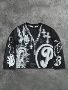 ROMWE MEN Goth Men's Casual Street Letter & Cross Print Long Sleeve T-Shirt, Autumn - Black - View 1