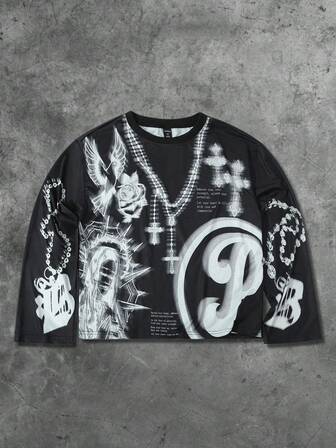 Street Life Maglietta a maniche lunghe casual da uomo con stampa di lettere e croci, autunnale