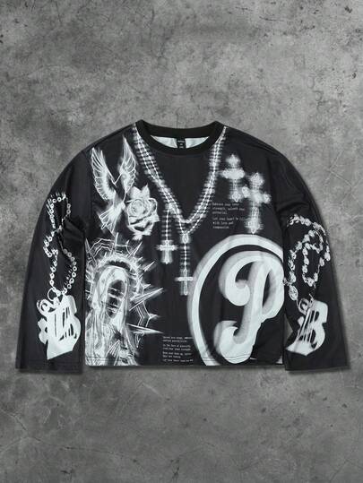 Street Life Camiseta de manga larga casual para hombre con estampado de letra y cruz, otoño