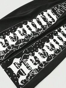 ROMWE MEN Street Life Pantalones de chándal rectos con cremallera y estampado de retazos, estilo casual de calle, unisex, para otoño/invierno - Negro - Ver 8