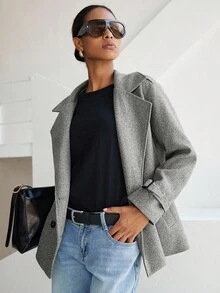 Lumivelle 秋冬时尚通勤双排扣大衣 - 藏蓝色 - 查看 4