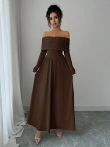 Elenzga Vestido de manga larga con hombros descubiertos y pliegues de unicolor para mujer