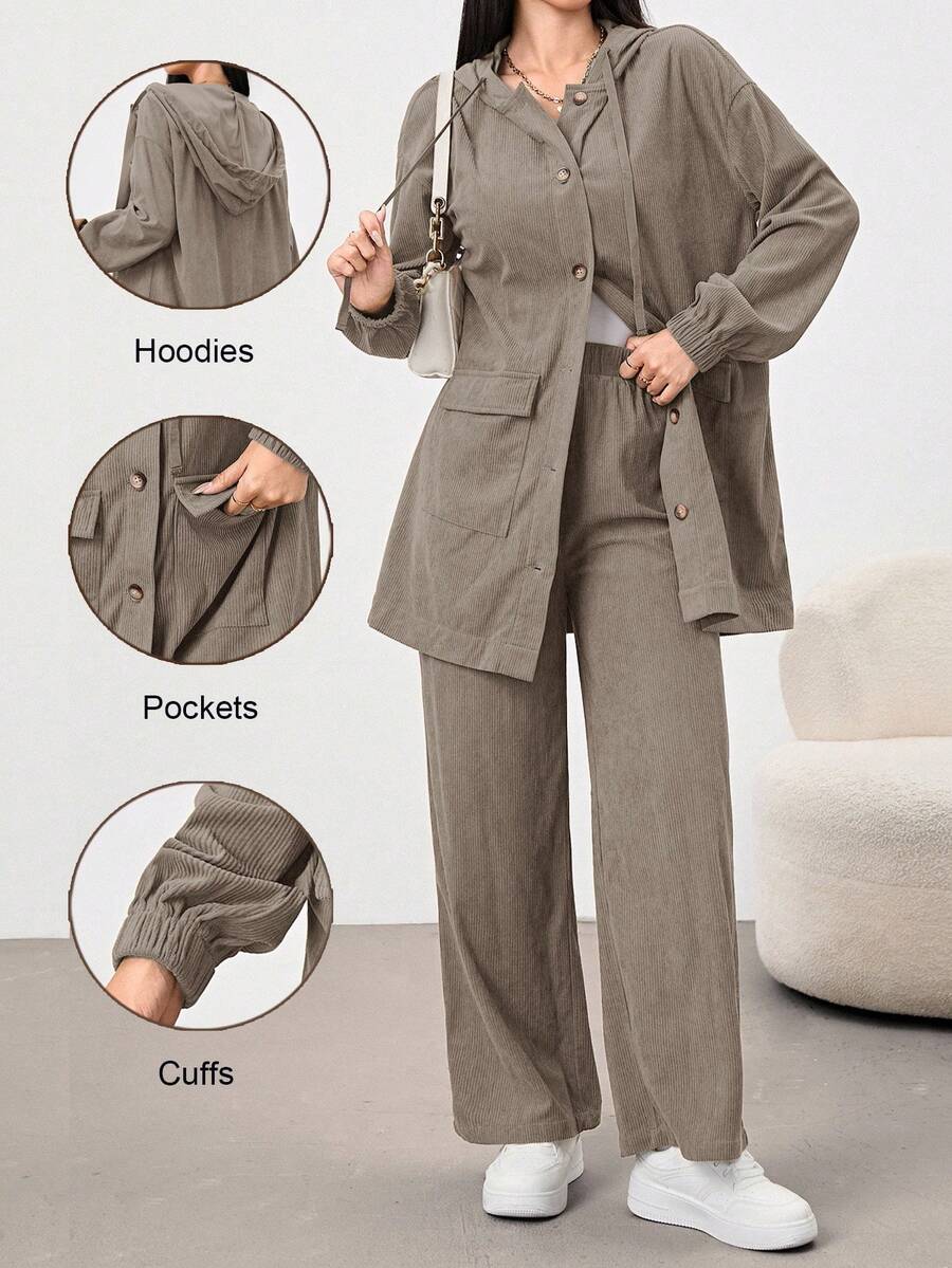 Mulvari 2pcs Khaki Women Casual Daily Hooded Shirt And Pants Set, Autumn/Winter 2 Pieces Set Pant Suit Set Women 2 Piece Woman Set Suit Set For Woman - Khaki - View 1