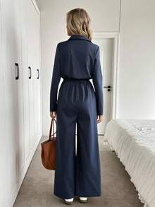 Easowa 女士休闲宽松优雅连体裤，翻领，纽扣，抽绳腰部，长袖，阔腿裤，适合通勤