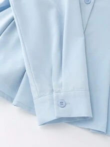 SHEIN 女式优雅纯色 3D 蝴蝶装饰收腰长袖衬衫 - 藍色 - 查看 4