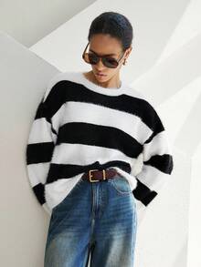 Lumivelle 2025 Autumn/Winter New Stylish Elegant Simple Striped Contrast Color Faux Fur Knit Sweater - Black and White - View 5