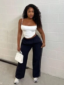 Alexandranx 松紧腰抽绳直筒裤春夏休闲可爱度假机场裤 - 藏蓝色 - 查看 5