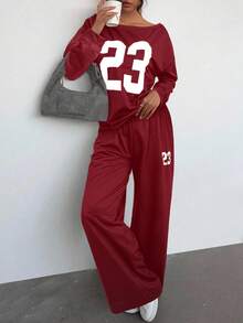 Aloruh Women's Casual 2 Pieces Set: Numeric Print Drop Shoulder Long Sleeve Sweatshirt And Pants, Autumn,Cozy Fall And Winter Clothes For Women - Burgundy - View 3
