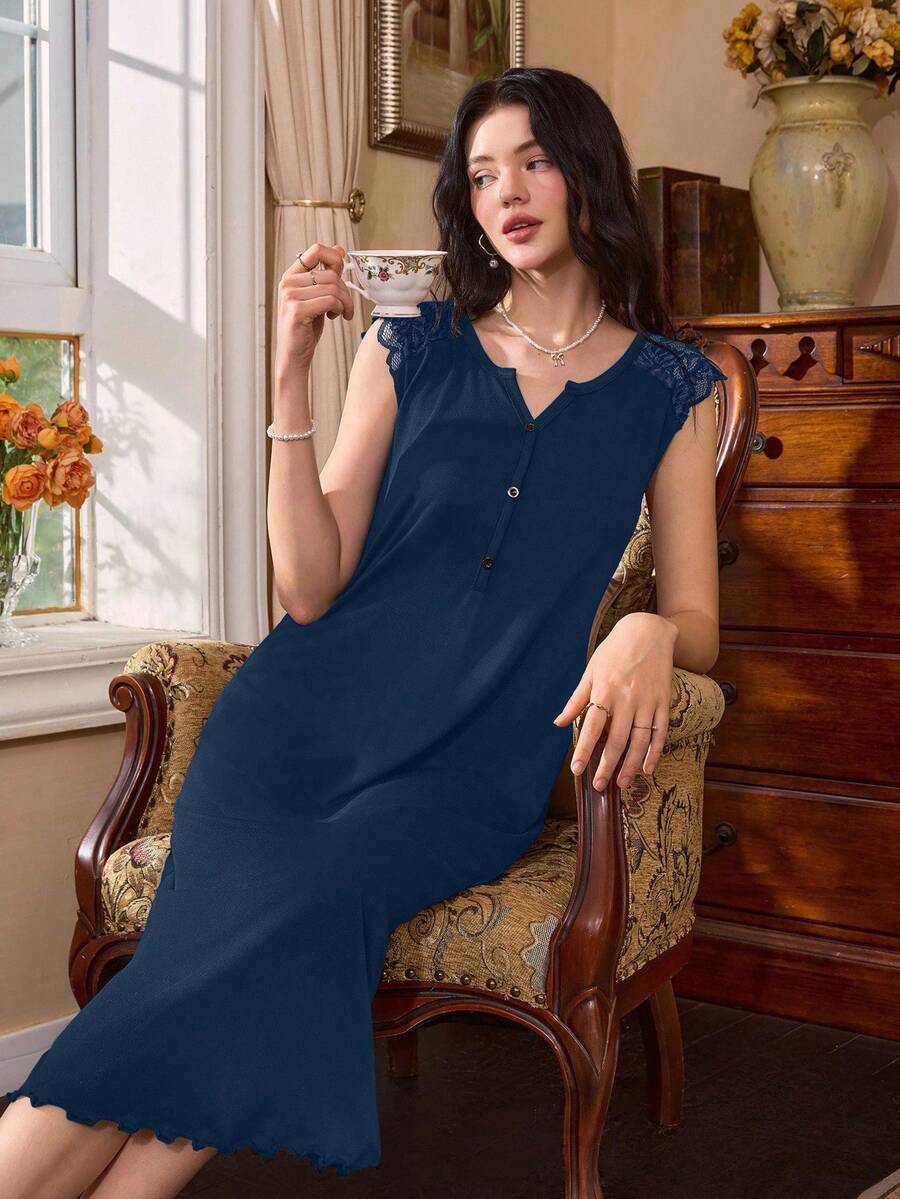 Côtesoire Váy ngủ thường ngày cổ chữ V ren viền giả kiểu Pháp đính nút cho nữ - Màu xanh hải quân - Xem 1