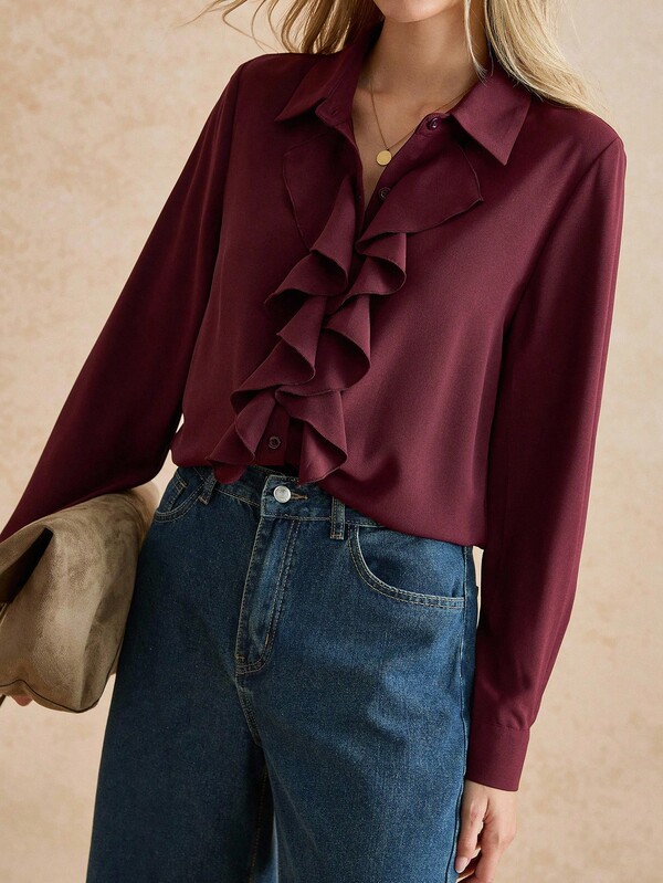Écloséra Blusa feminina de cor sólida, manga comprida, acabamento com babados, camisa de outono