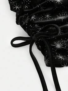 Pitira Teen Girls Black Velvet Draped Neck Ruched Snug Fit Party Dress,Snowflake Star Pattern Sequin Sparkle Camisole Dress,Black And White,Summer,Rave - Black - View 3