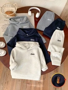 SHEIN Genkimix Kids Multi-Piece Young Boys Casual Versatile Letter Embroidered Drop Shoulder Loose Hoodie And Soft Relaxed Cuffed Pants Set. This Set Features A Simple Yet Fashionable Hooded Design To Keep Ears Warm, A Relaxed Fit For Comfort, And Soft, Skin-Friendly Fabric To Provide Healthy Care For Your Little One. It Is Very Versatile For Daily Wear, Outdoor Play, Gatherings, And Campus Styles In The Winter. - Multicolor - View 12
