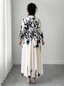 Elenzga 加大码全印花长袖缺口衬衫裙女装 - 彩色 - 查看 2