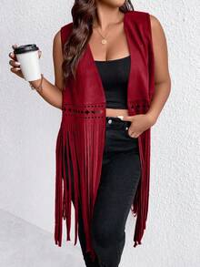 EMERY ROSE Plus Size Women Western Style Hollow Out Fringed Hem Open Front Sleeveless Long Coat For Spring/Summer, Winter Fall Autumn - Burgundy - View 6