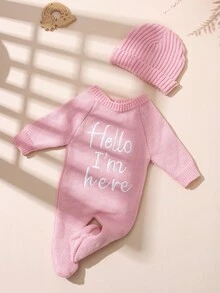 SHEIN 2Pcs Set "Hello I'm Here" Embroidery Newborn Boy Girl Photography Outfits Knitting Baby Romper Footed Jumpsuit With Hat Infant 1 Month 100 Days Photo Props Fall Winter