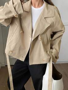 DAZY 女式宽松翻领风衣，秋季夹克 - 卡其色 - 查看 3