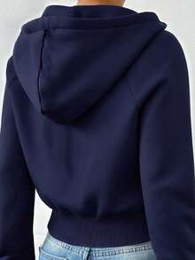 SHEIN EZwear 女式海军蓝休闲日常拉链连帽衫，秋季 - 藏蓝色 - 查看 7