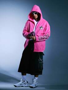 ROMWE MEN Betty Boop | ROMWE Men's Fuchsia Zip-Up Hoodie With Cartoon Graphic, Comfortable - Hot Pink - View 5