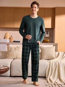 Manfinity Underwear&Sleepwear Basics Plus Size Men's Black Plaid Round Neck Long Sleeve Pajama Set - Olive Green - View 4
