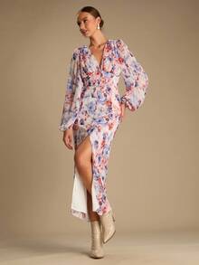 Enchnt 秋冬浪漫女士紫色花卉提花 V 领灯笼袖收腰长裙，时尚优雅，适合度假、约会、节日、毕业典礼、婚礼宾客、办公室、外出、万圣节和圣诞节，女士秋季连衣裙，女士秋季服装，女士秋季服装，返校 - 藍色 - 查看 4